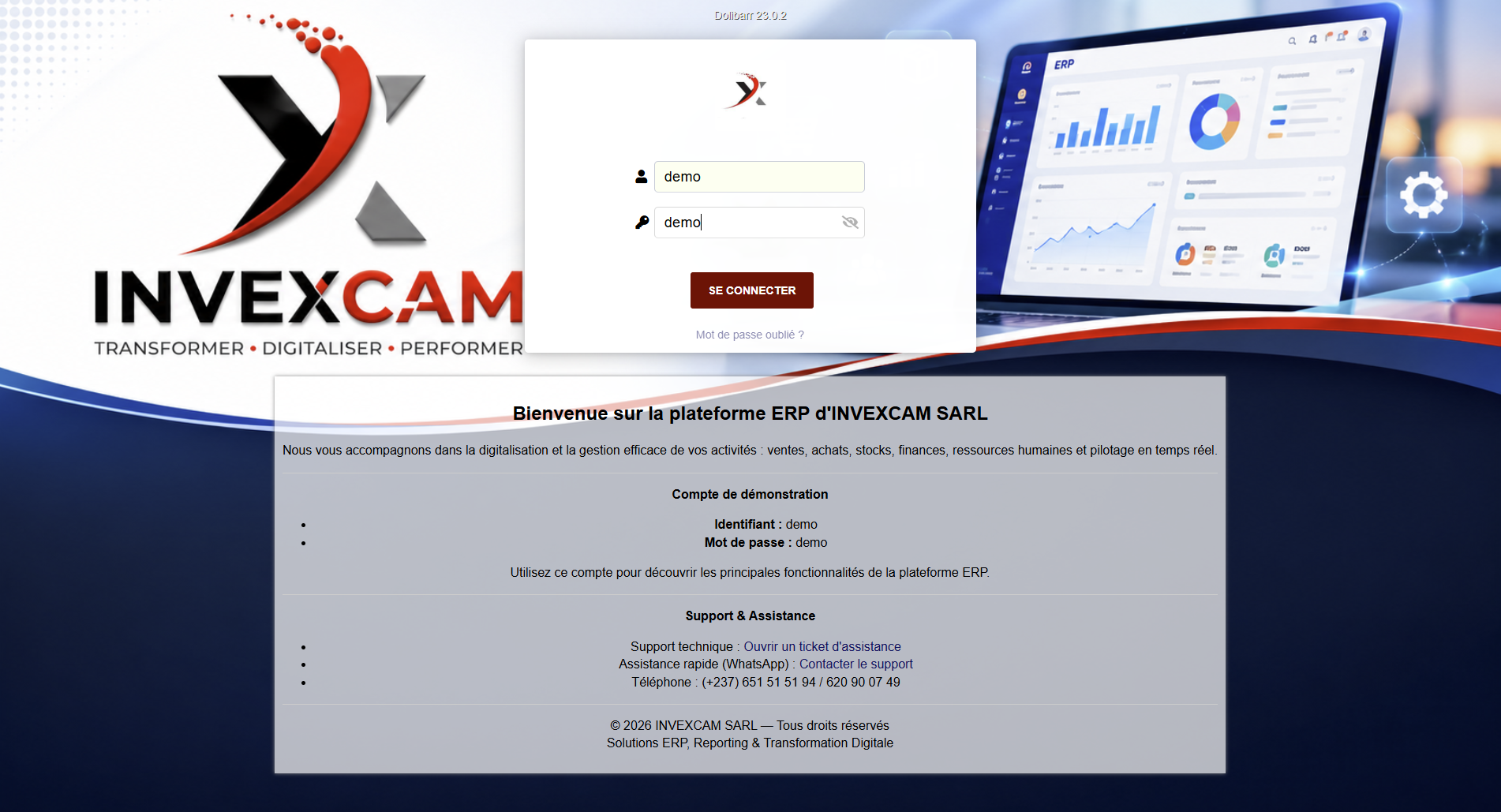 Démonstration en ligne de l'ERP Dolibarr d'Invexcam sur erp.invexcam.com